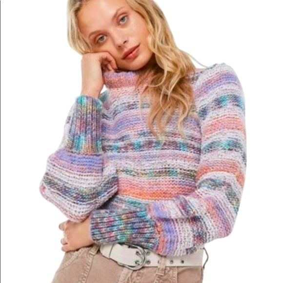 UO Rainbow Space-Dye Stripe Knit Wool Blend Balloon Puff Sleeve Pullover Sweater - Picture 5 of 15